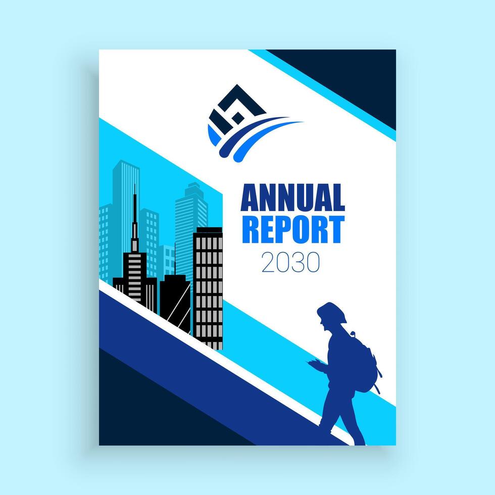 annual report cover template with blue and white cityscape vector