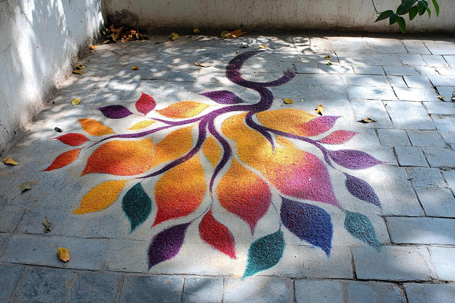 Indian rangoli color art on asphalt. Image of flowers laid out with colored sand. Generated by artificial intelligence photo