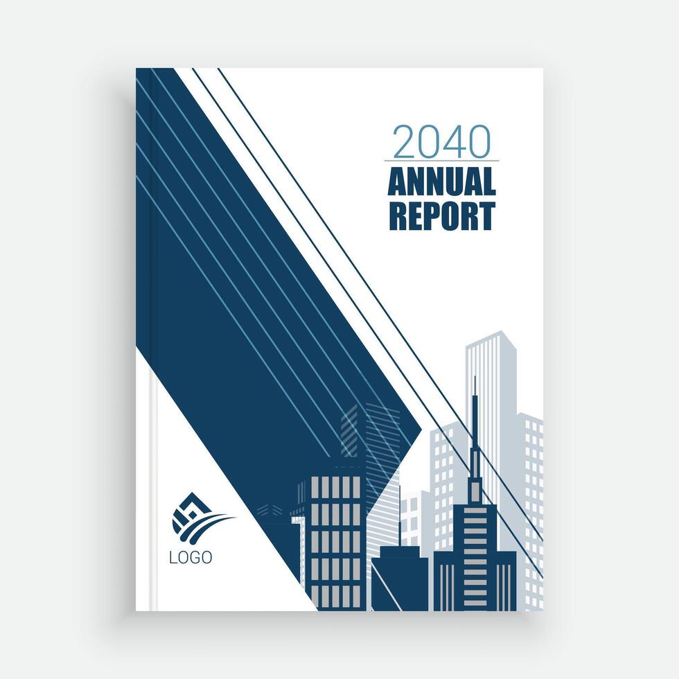 an annual report cover with blue lines and buildings vector