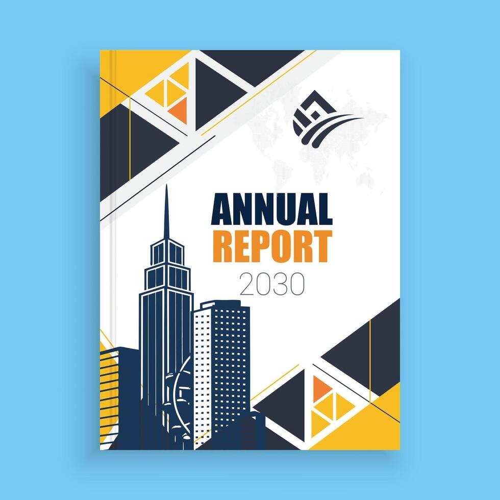 the annual report cover design with a city skyline vector
