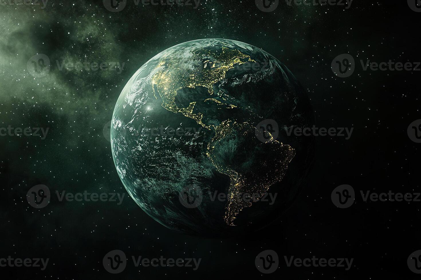 View of planet earth from space showing realistic earth surface and map of north and south america and ocean. Globe in the darkness of space photo