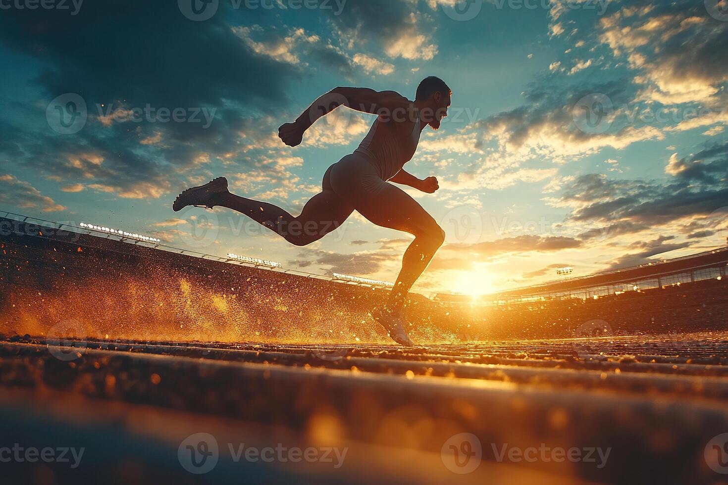 Male athlete running on stadium putting in great effort on bokeh background in evening. Concept of sport, competition. Generated by artificial intelligence photo