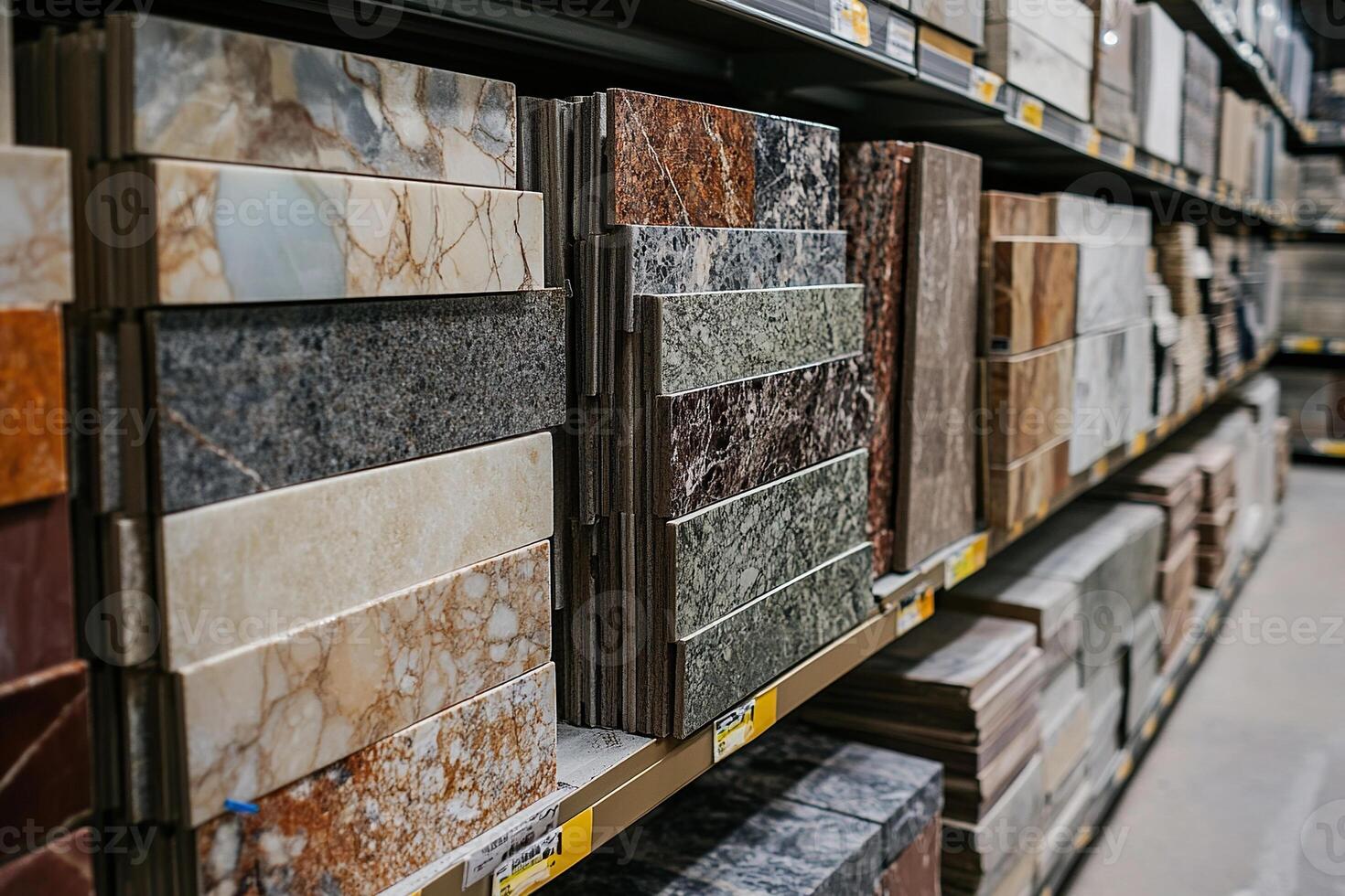 Samples of marble and porcelain tiles in a construction store. Concept of renovation and interior selection. photo