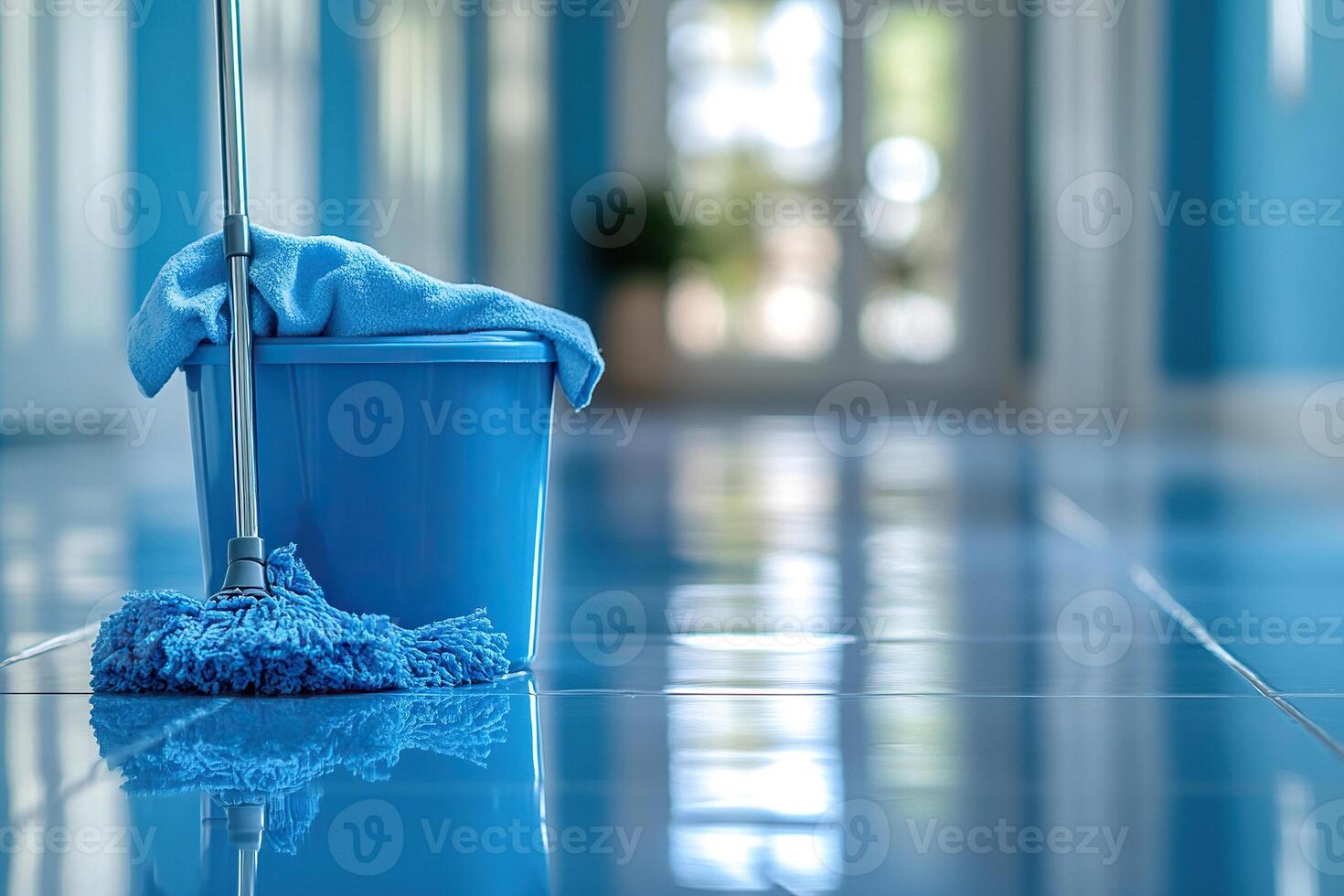 Cleaning. Mop, rag and bucket on a clean floor. Cleanliness maintenance concept. Generated by artificial intelligence photo