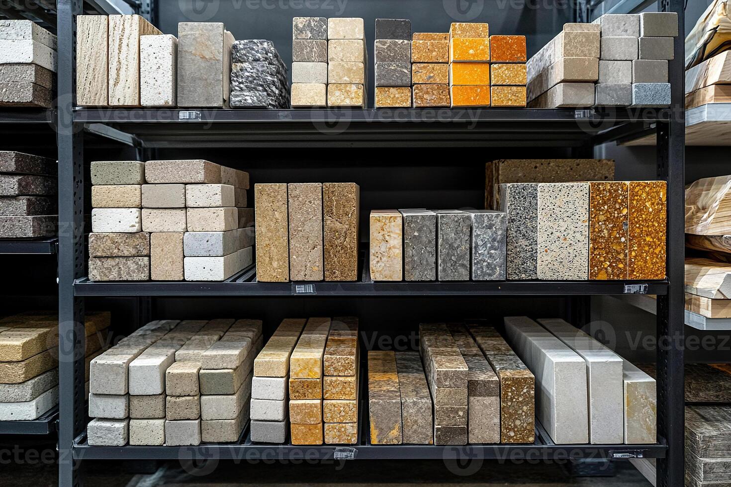 Shelves with samples of wall finishing materials in a hardware store photo