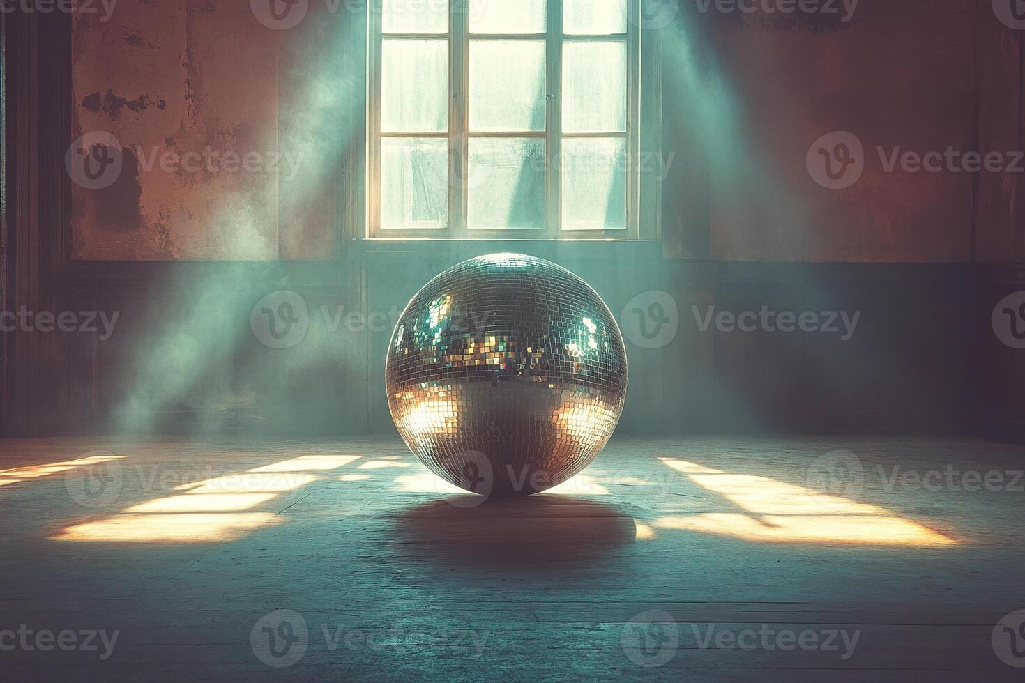 A shiny silver disco ball sits on a wooden floor in front of a window in an empty grunge dance studio. Dance lessons concept. photo