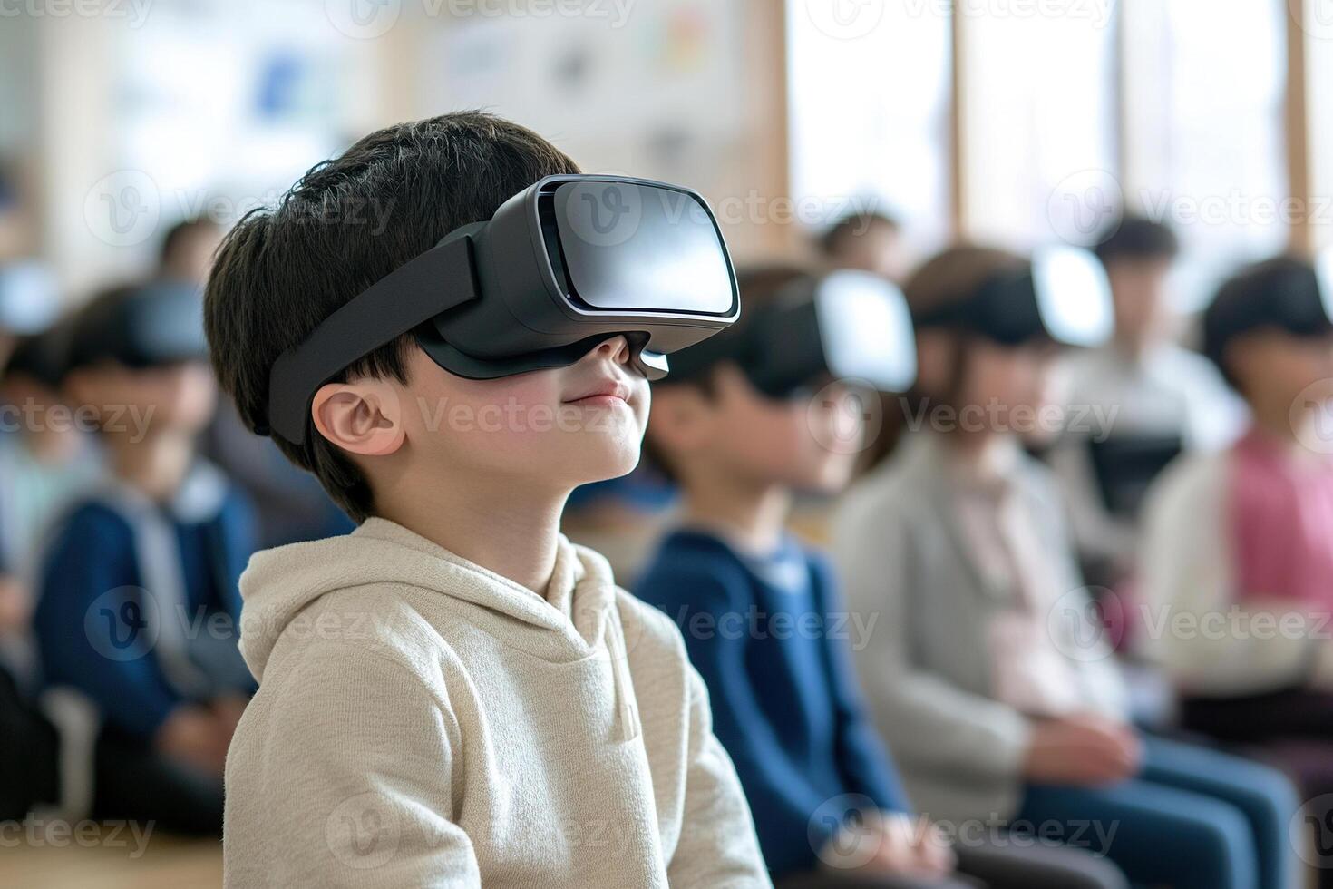 Children experience virtual reality while sitting in the classroom. Asian little boy looking through VR glasses. Generated by artificial intelligence photo