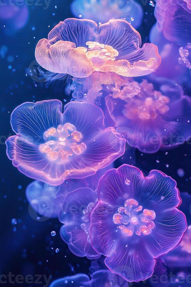 Transparent neon fluorescent flowers deep underwater. Vertical underwater background. Generated by artificial intelligence photo