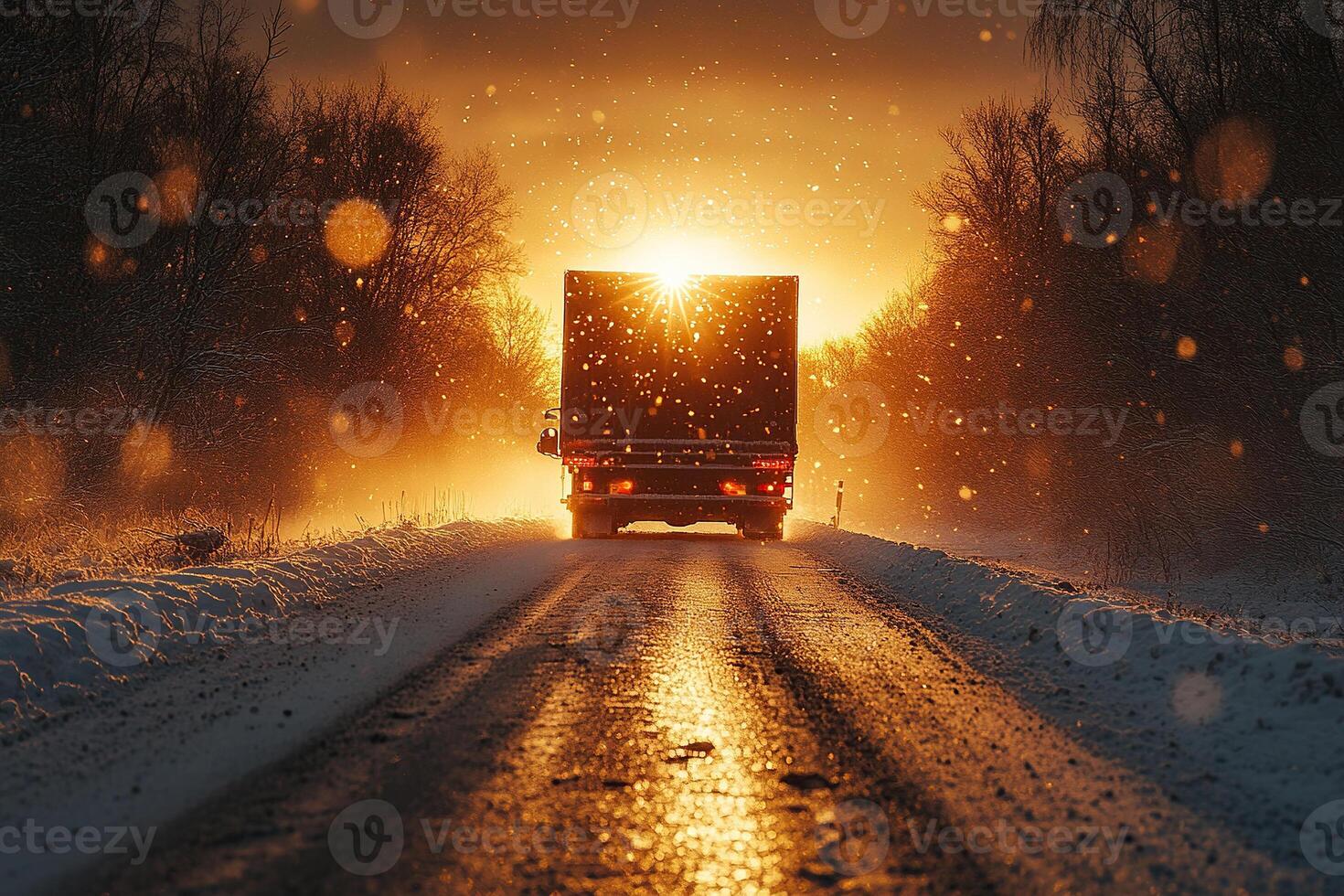 Rear view of a truck with a tarpaulin semi-trailer transporting cargo on the highway in the evening with headlights on against the sunset. Cargo transportation services concept. photo