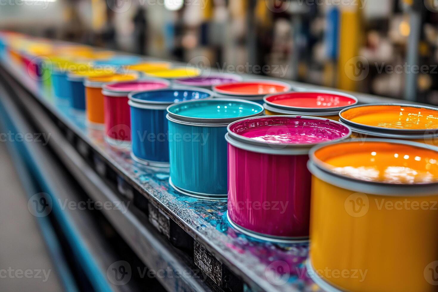 A colorful paint production line with many open tin cans of different colors. Factory for the production of paints. Jars of paint of different colors on a conveyor belt photo