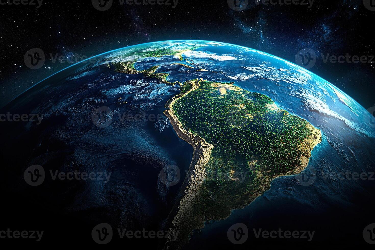 Realistic photo of planet Earth with South America, Andes and Amazon forests in view. Blue space background with stars. Generated by artificial intelligence
