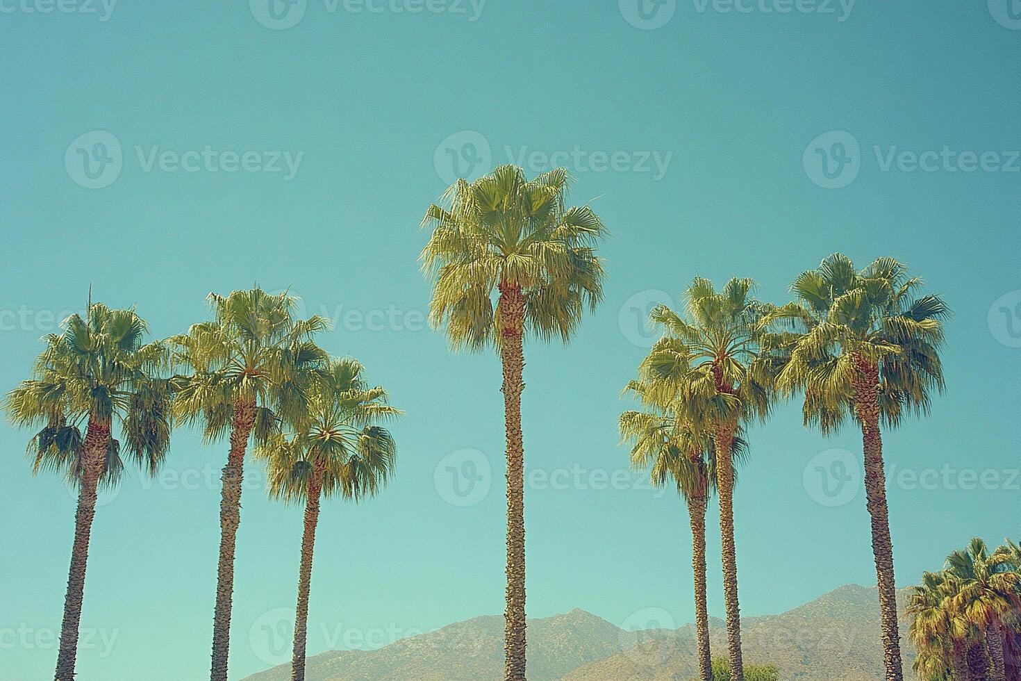 Tall palm trees against clear blue sky, muted tones. Tropical banner. Generated by artificial intelligence photo