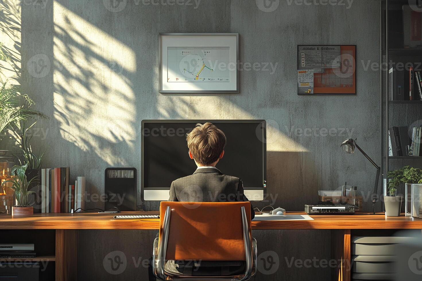 Back view of little business boy in leather chair at desk with computer. Concentrated child working at table in office. Little boss in office. Generated by artificial intelligence photo