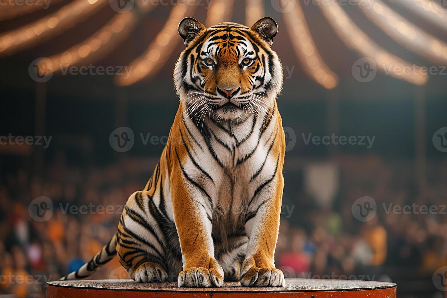 A beautiful adult tiger sits obediently on a pedestal in a circus arena. A tiger in a circus full of spectators in the background photo