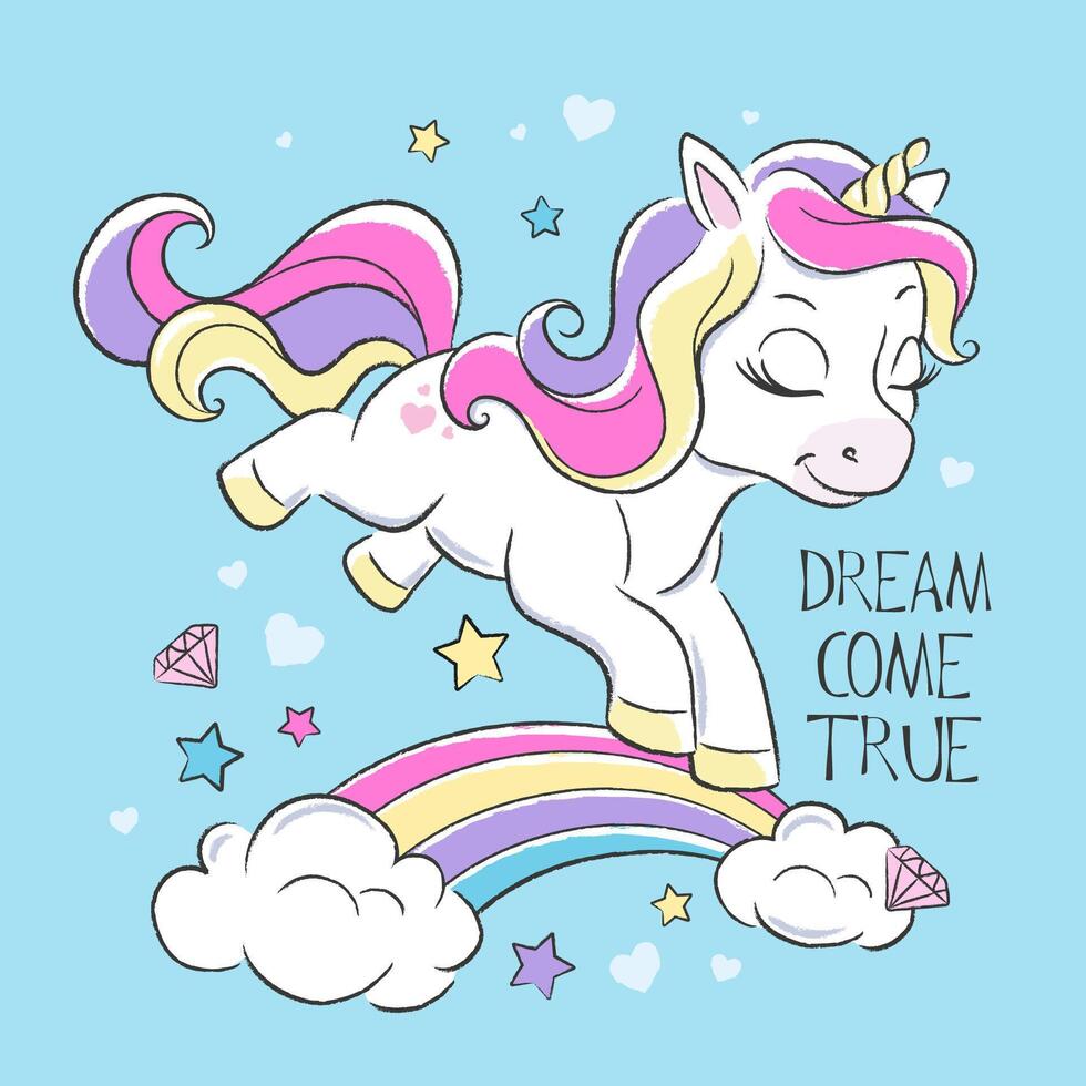 Cute unicorn. Animal print for clothes and fabric. Cartoon character. blue vector