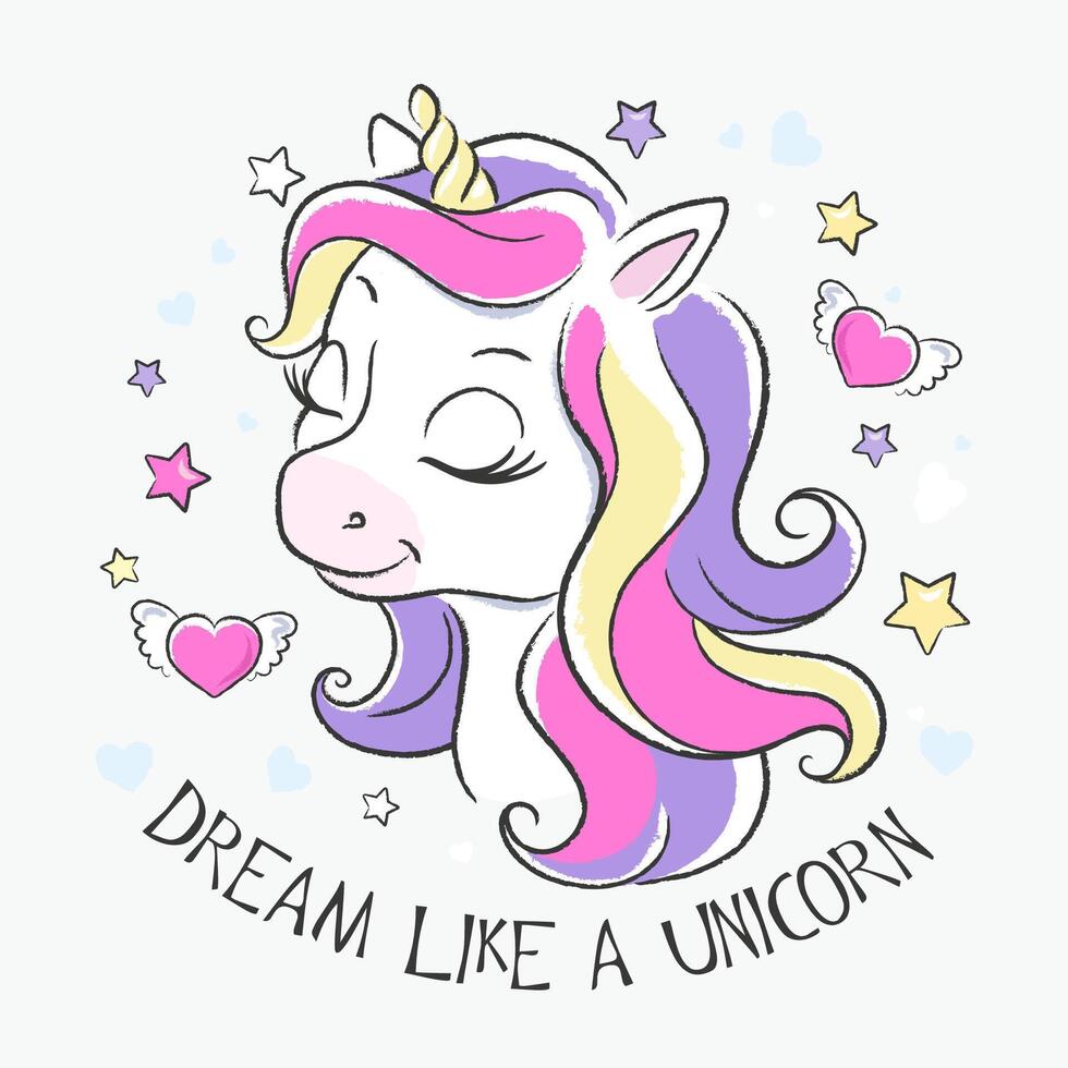 Animal print for clothes and fabric on a white background. Fashionable cute unicorn. Cartoon character. vector