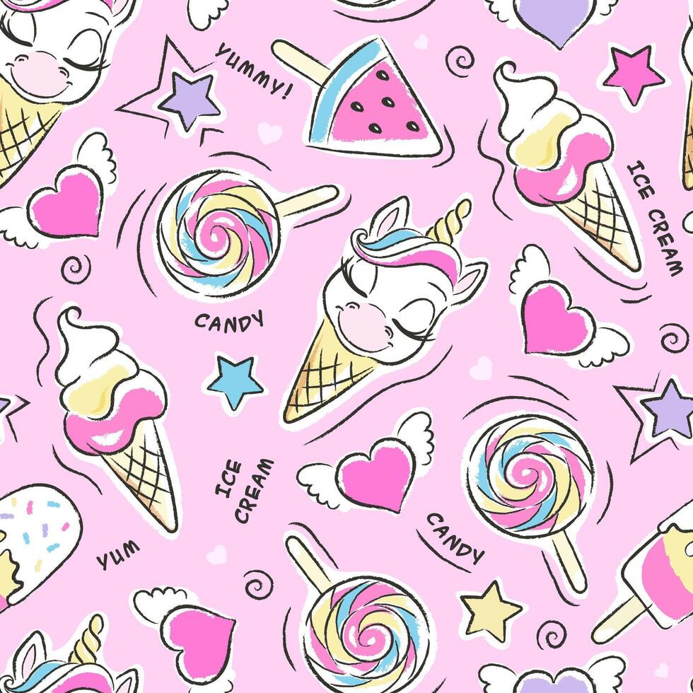 Beautiful pink seamless unicorn pattern. Cute ice cream pattern. Fashion illustration drawing in modern style for clothes. Art vector