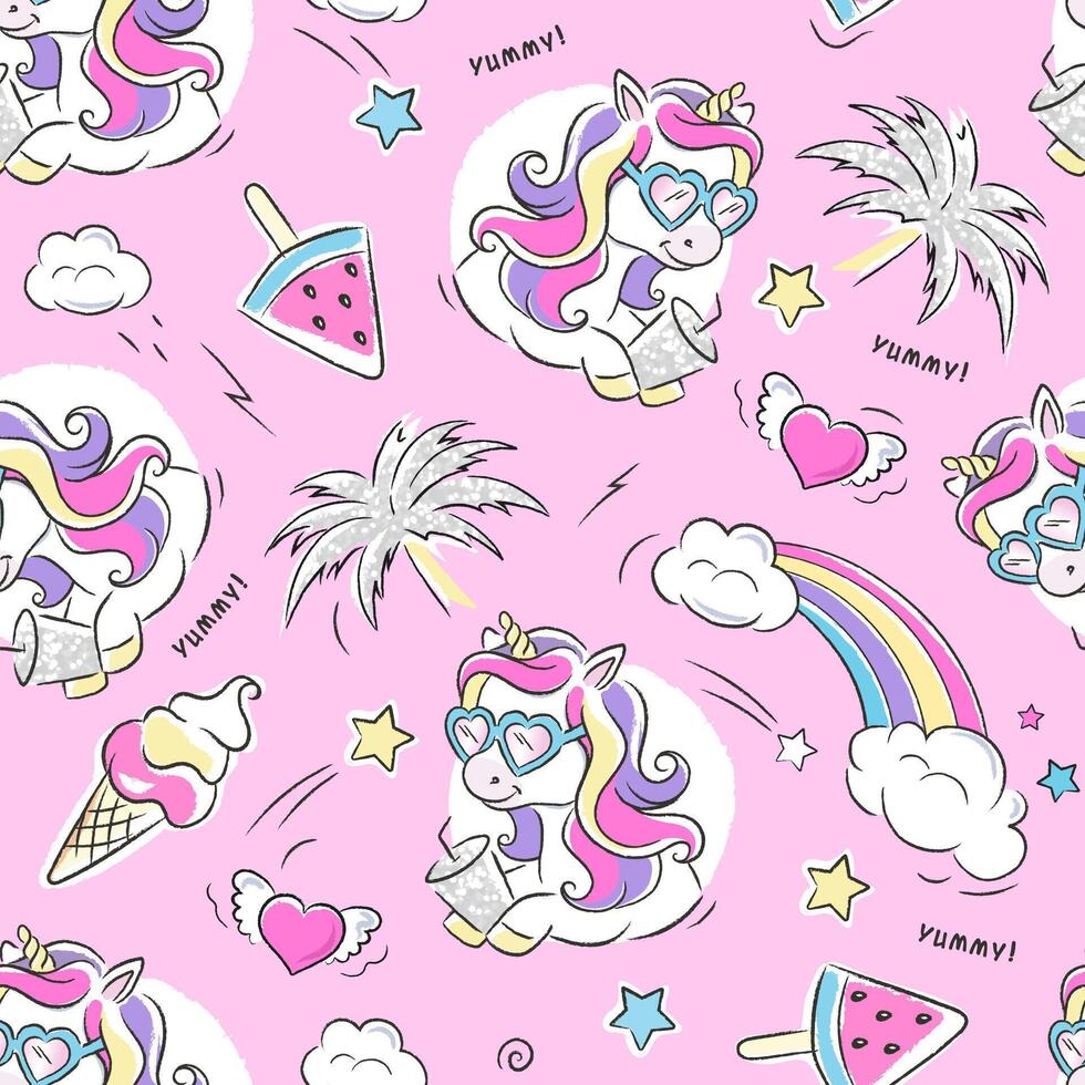 Art. Beautiful pink seamless unicorn pattern. Cute unicorn pattern. Fashion illustration drawing in modern style for clothes. vector