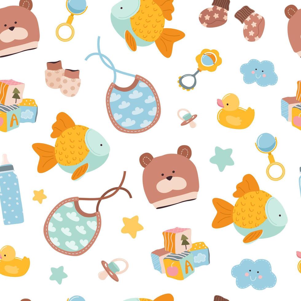 Seamless baby pattern for boys with essentials and toys. Charming print for infants in a playful style. Ideal for wrapping paper, textiles, nursery decor, and baby shower designs. vector