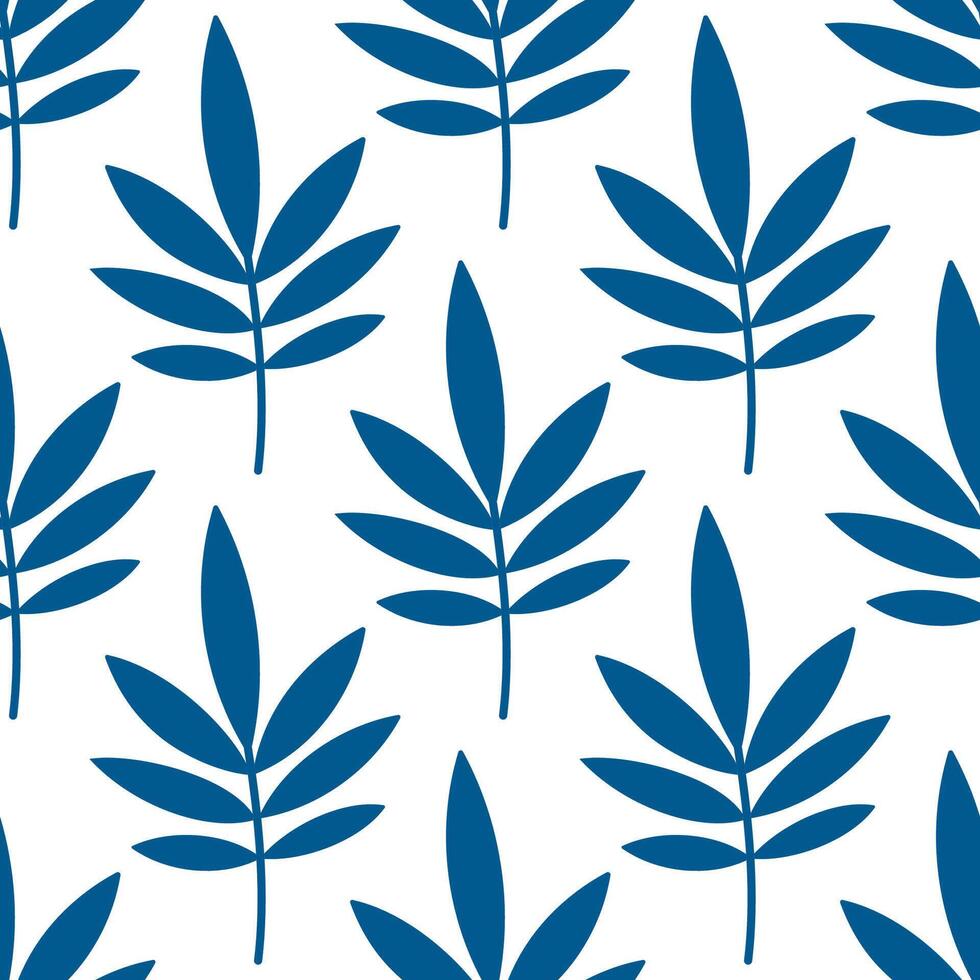 Seamless pattern with abstract palm leaves and branches on a white background. Trendy abstract pattern in blue colors. Flat design for paper, textile, interior decor. vector