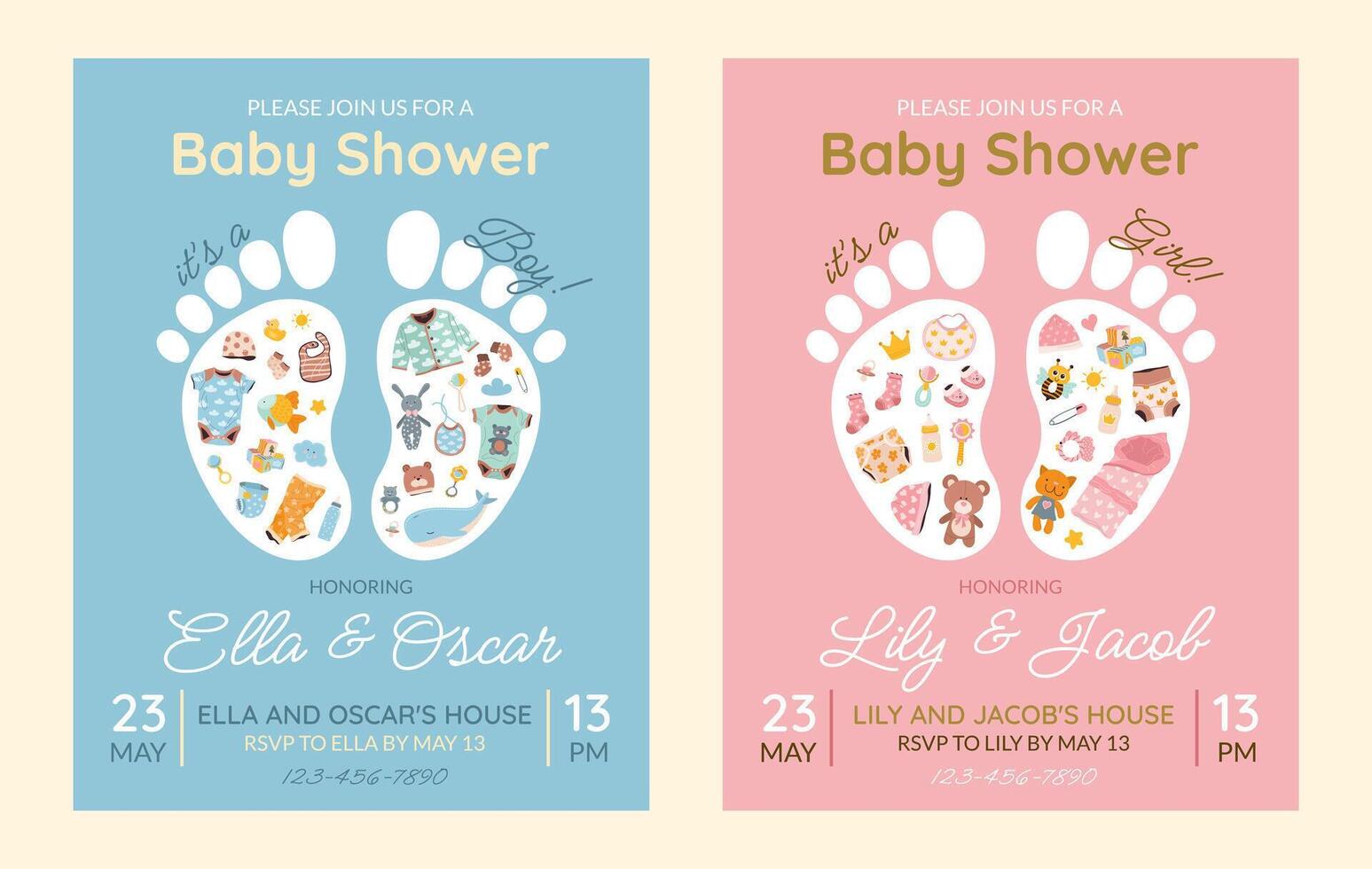 Invitation cards set for baby shower or birthday party. It's a girl. It's a boy. Isolated vertical postcard templates with footprints, baby essentials and text on background. Festive cards. vector