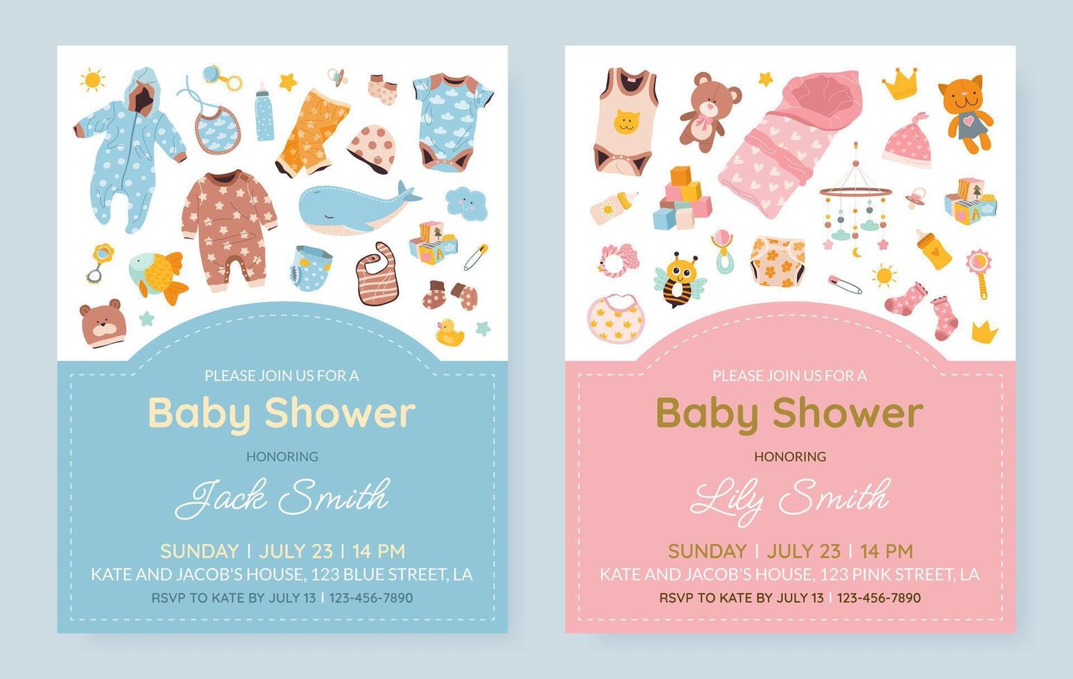 Set of vertical invitation cards for a baby shower, birthday, or gender reveal party. It's a Boy. It's a Girl. Isolated cute postcard templates with baby essentials and text. vector
