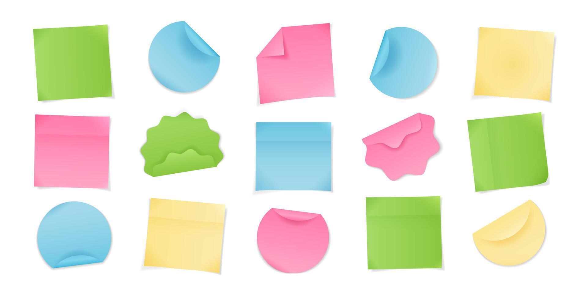 Set of realistic round and square stickers. Isolated blank paper sheets with curved edges on white background. Multicolored elements for notes, mockups, and planners. Various sticker designs. vector