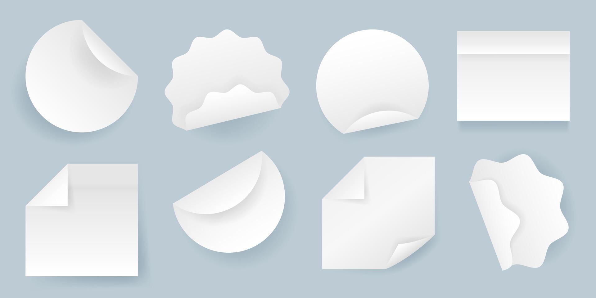 Set of realistic round and square stickers. Isolated blank paper sheets on background. White elements for notes, reminders, memos, mockups, and planners. Various sticker designs. vector
