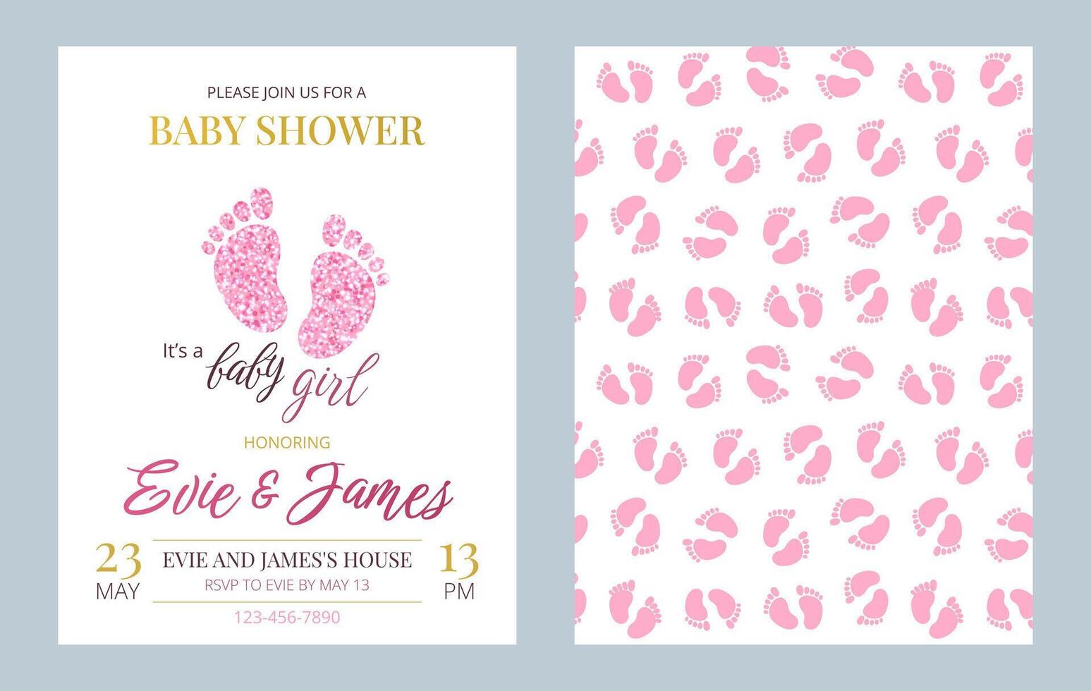 Invitation card set for a baby shower, birthday, or gender reveal party. It's a Girl. Isolated vertical postcard templates with footprints, pink glitter, text and pattern. vector
