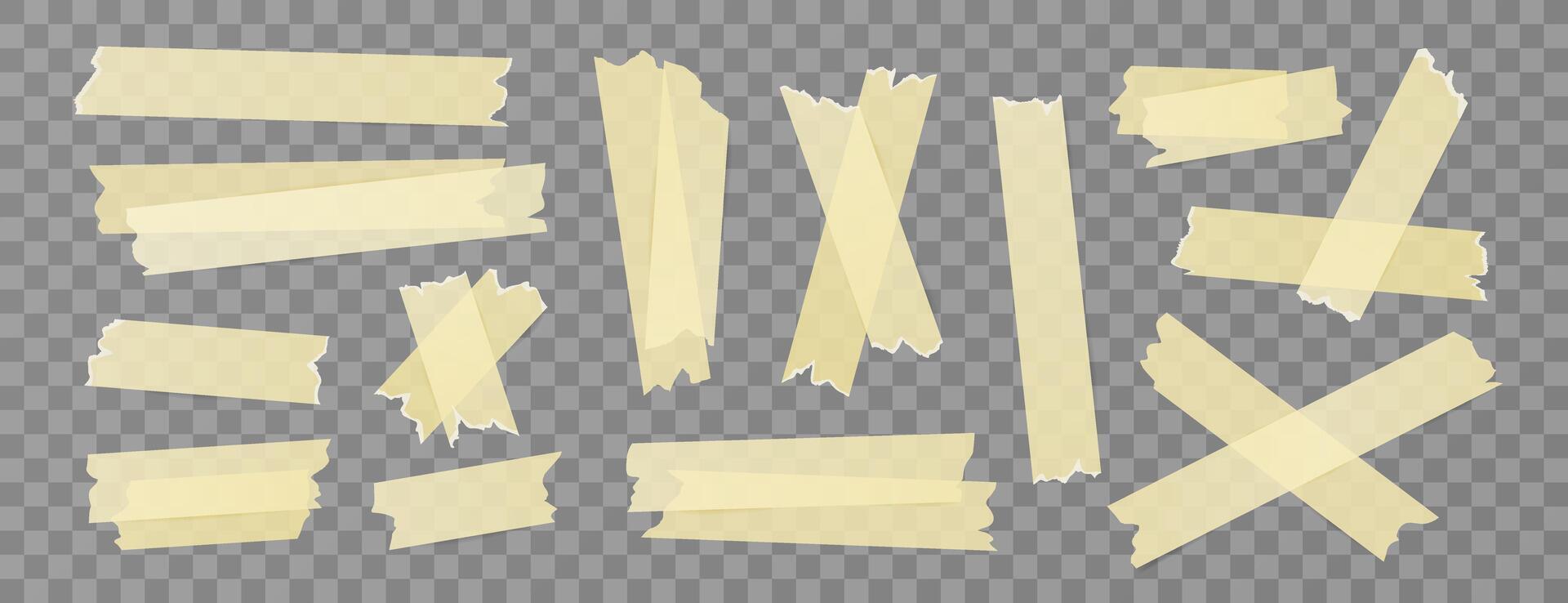 Set of sticky stripes, duct tapes, adhesive notes, stickers. Isolated elements on background. Collection of yellow papers for collages, office designs, reminders, scrapbooking. vector