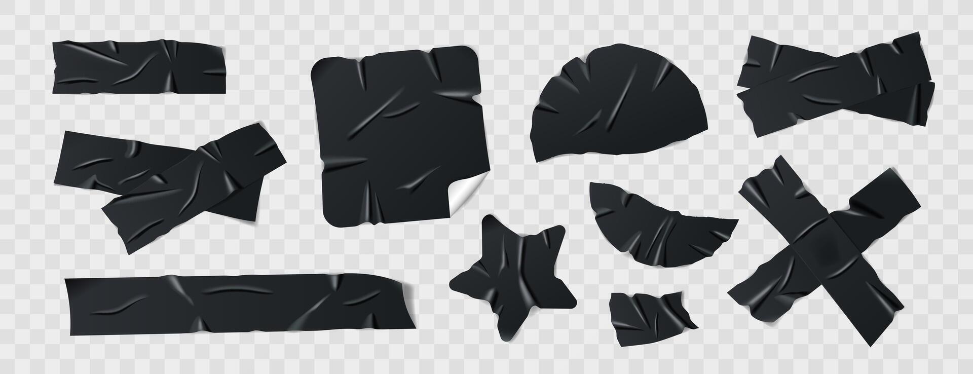 Set of glossy black duct tape, adhesive tape, or sticky paper strips. Isolated elements in various shapes on background. Collection of realistic tape pieces for collages and creative designs. vector