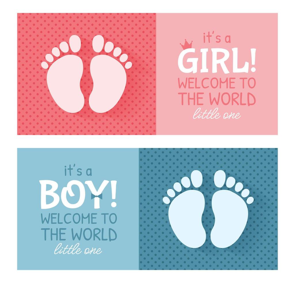 Set of simple invitation cards or flyers for a baby shower, birthday, or gender reveal party. It's a Boy. It's a Girl. Isolated horizontal templates with footprints and text on background. vector