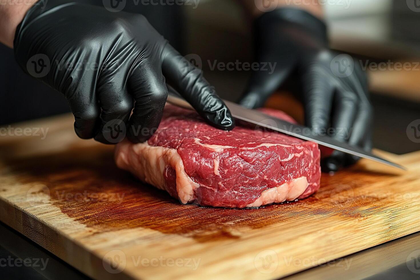 Chef's hands in black rubber gloves cutting beef steak with knife on wooden cutting board. Generated by artificial intelligence photo
