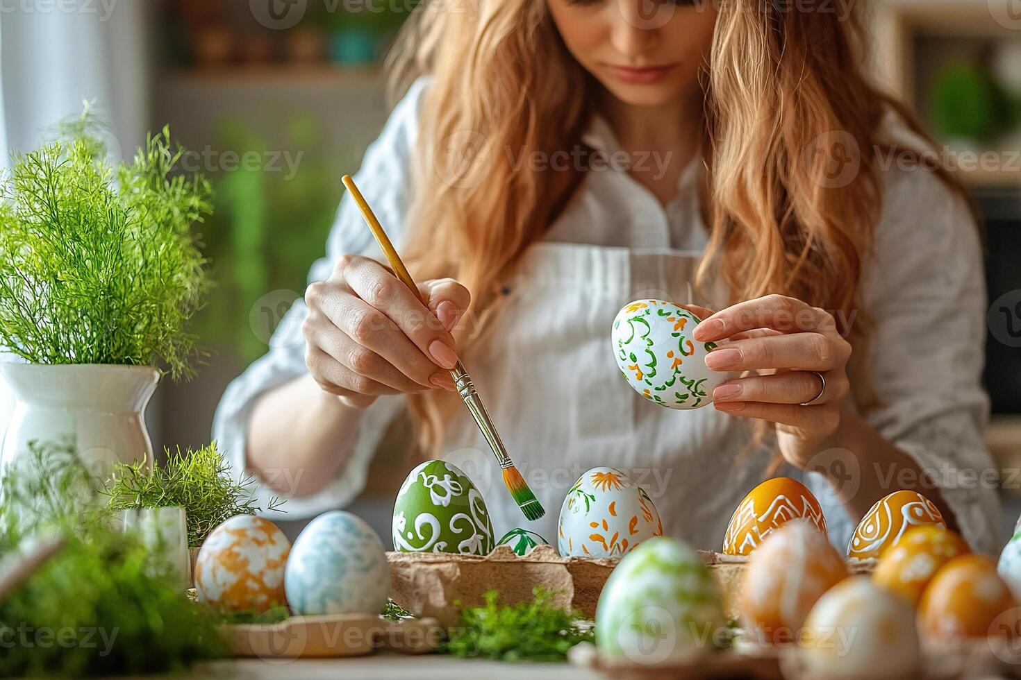 A young woman paints Easter eggs with a brush and paints while sitting at a table in the kitchen. Generated by artificial intelligence photo