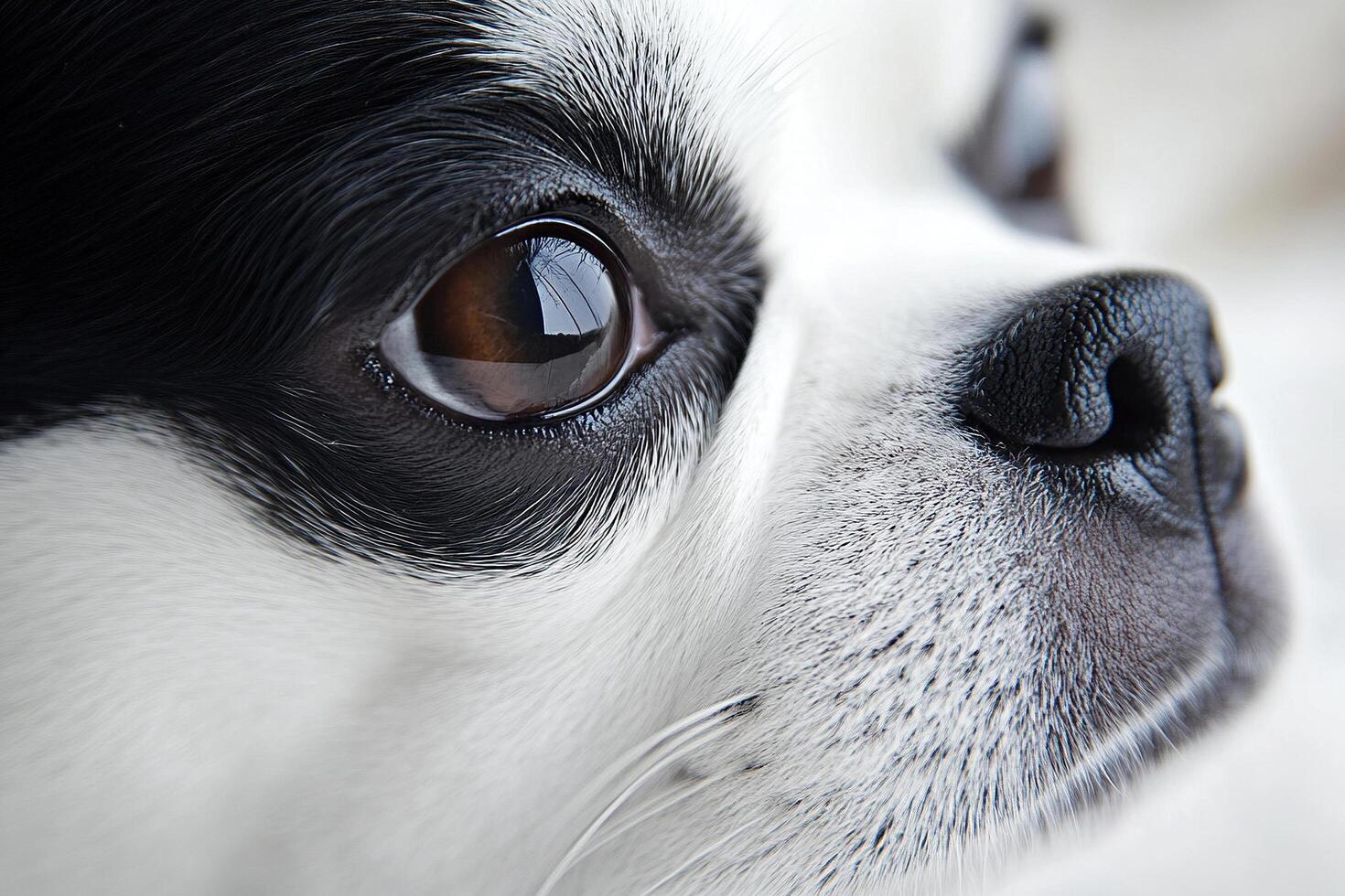 Close-up of a black and white pug with brown eyes. Close-up of a dog's eye photo