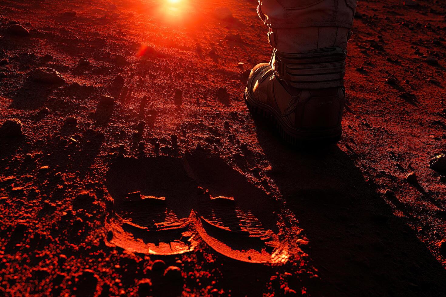 Close-up of astronaut's dirty boots on the surface of the red planet. Concept of Mars exploration photo