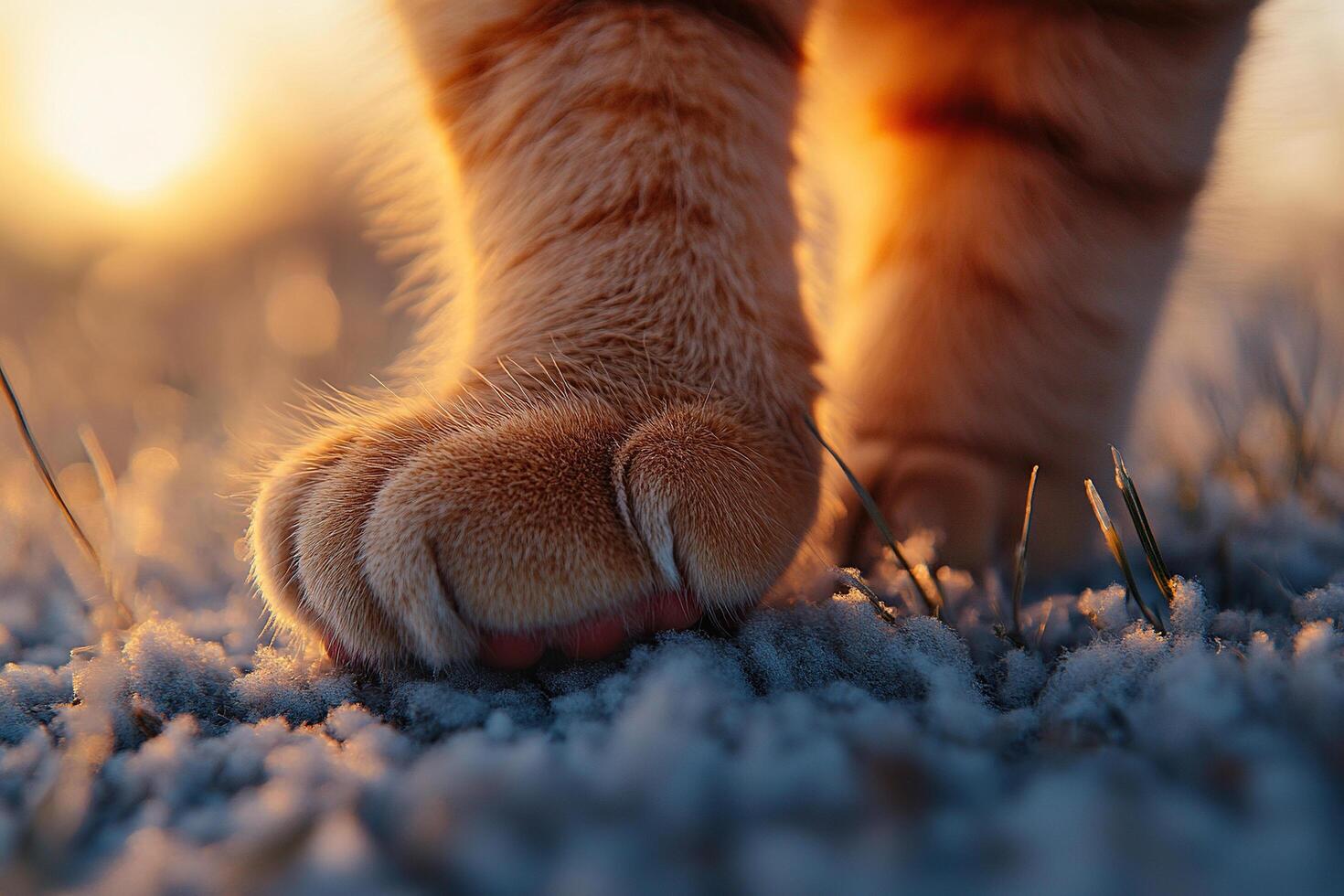 Macro photo of cat paws. Cute cat paws close-up on carpet in sunlight. Domestic cat standing on carpet in living room. Generated by artificial intelligence