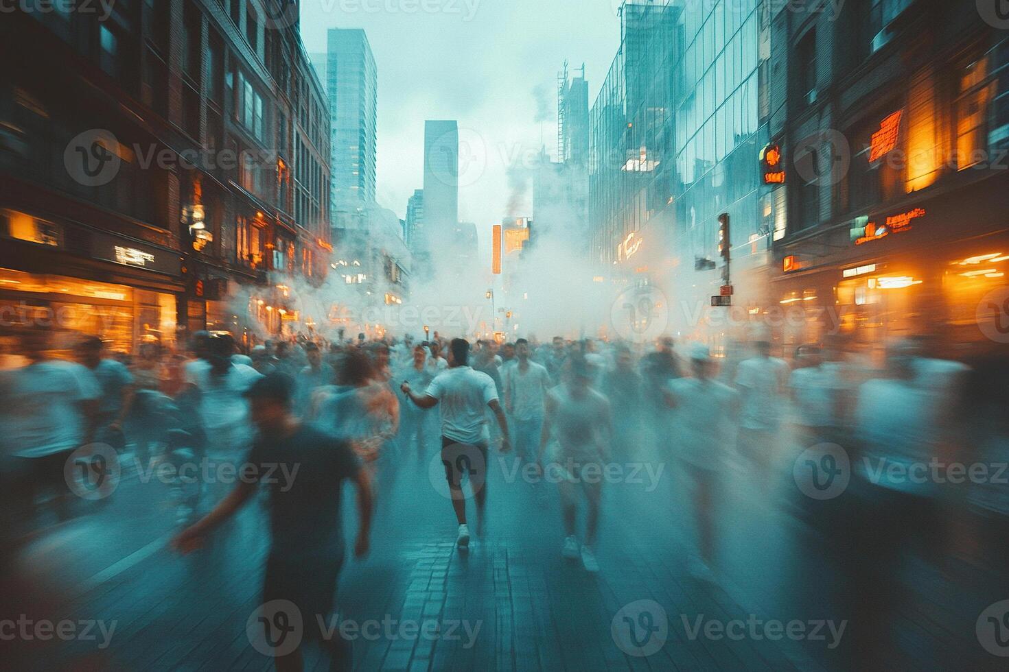 Crowd of people on a city street in bokeh. Generated by artificial intelligence photo
