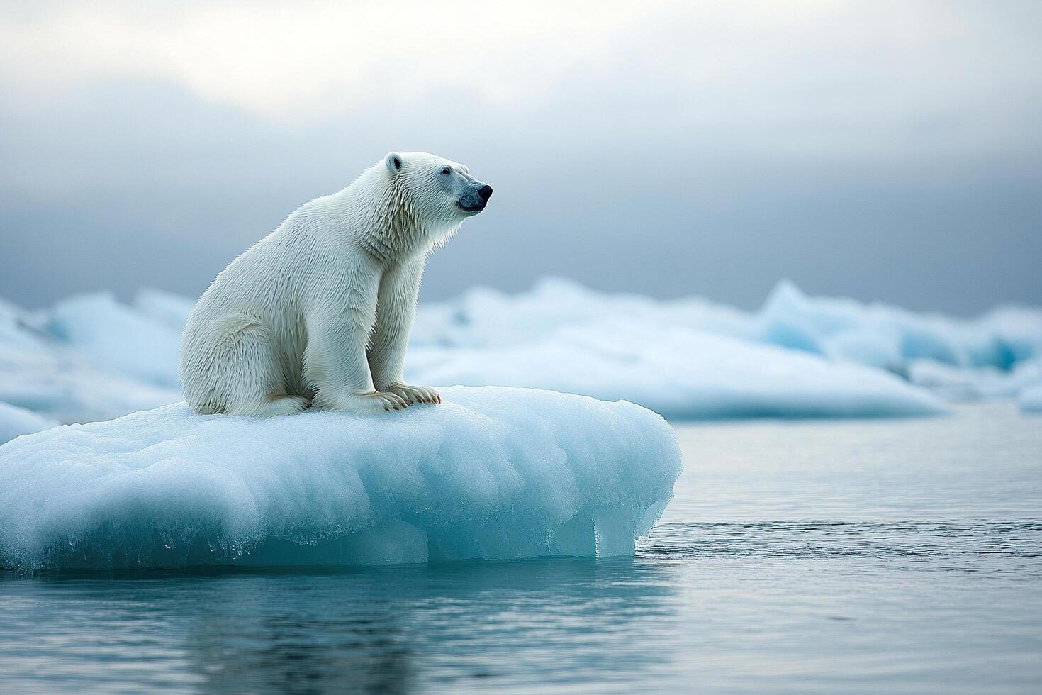 A polar bear sits on an ice floe in the Arctic sea among melting iceberg photo
