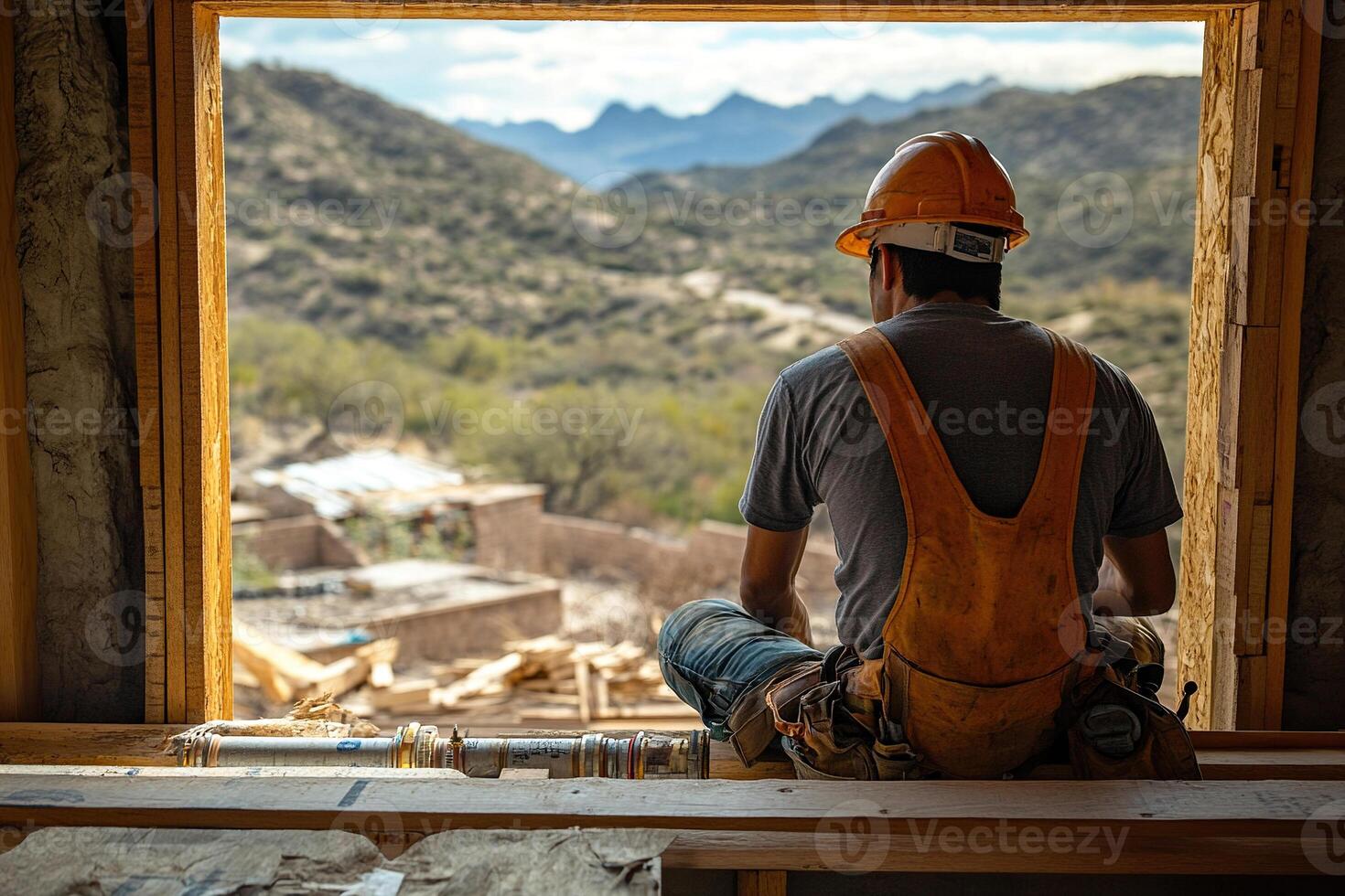 A Latin American construction worker sits and relaxes at a frame house construction site. Generated by artificial intelligence photo