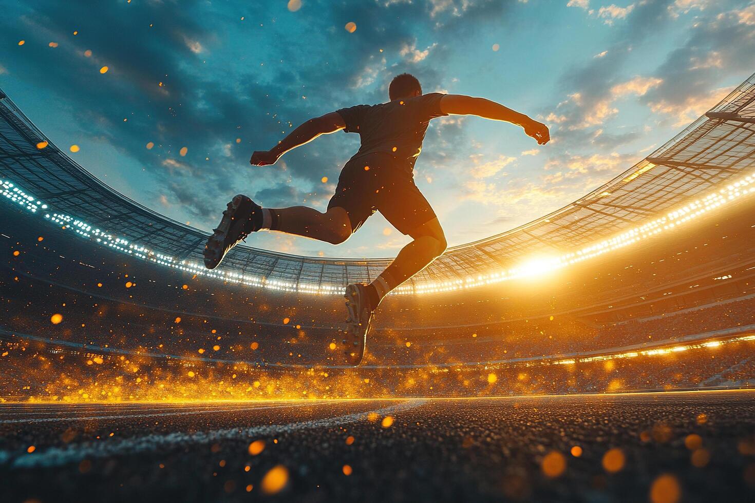 Training. One professional athlete, runner training at stadium in evening. Fit man, athlete jumping on golden bokeh background. photo