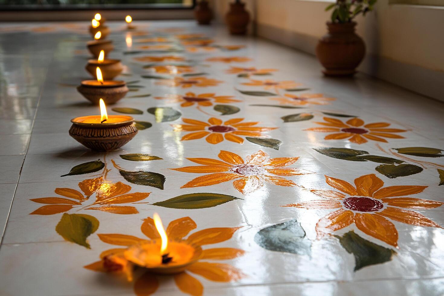 Rangoli Painting on Floor in Home. Indian Culture and Traditions During Sankranti. Mango branches in the picture photo