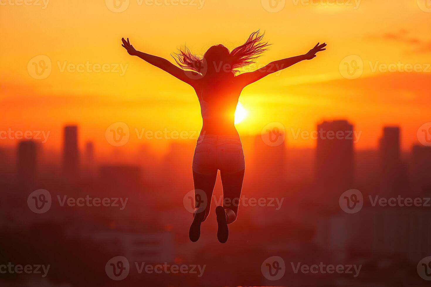 Silhouette of a woman jumping on the roof of a house in the rays of dawn or sunset. Concept of success, freedom, happiness. Generated by artificial intelligence photo