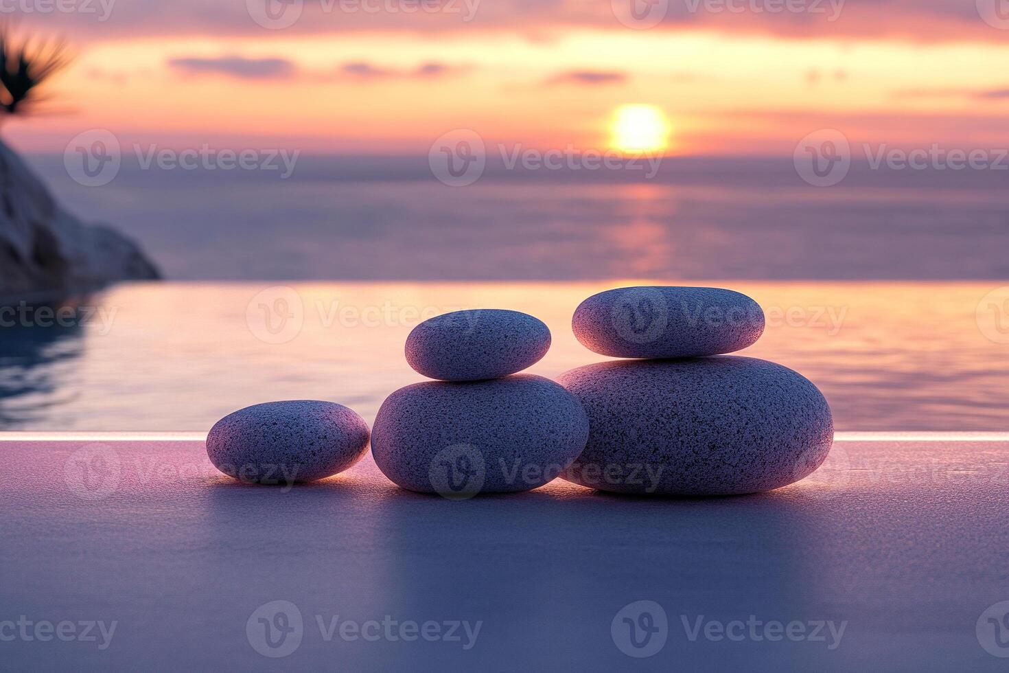 Podium stand with smooth stacks of stones overlooking the sea and sunset. Concept of harmony, balance, spa care. Generated by artificial intelligence photo