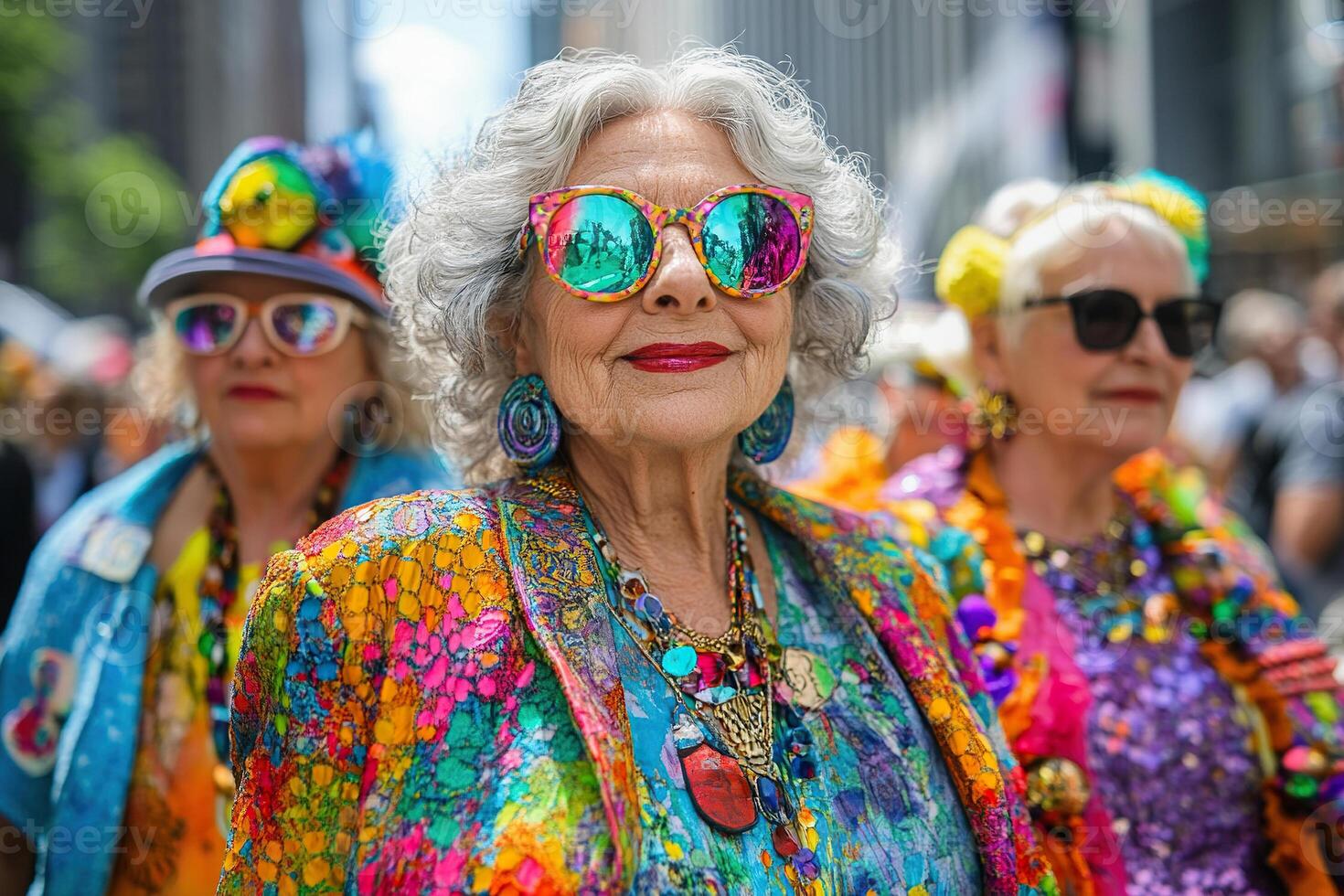 Eccentric elderly women in trendy sunglasses surrounded by her lgbt friends. Gay and lesbian rights concept for all ages photo