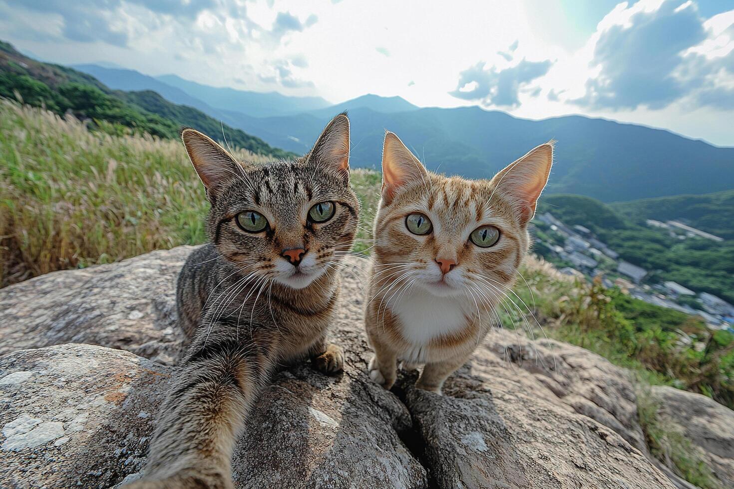 A couple of cats take a selfie together on a smartphone camera while on holiday in the mountains. Funny cats. Generated by artificial intelligence photo