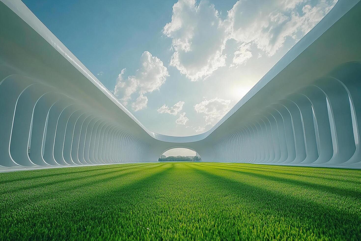Modern sports stadium with white columns and lush green lawn on a sunny clear day. Stadium architecture. photo