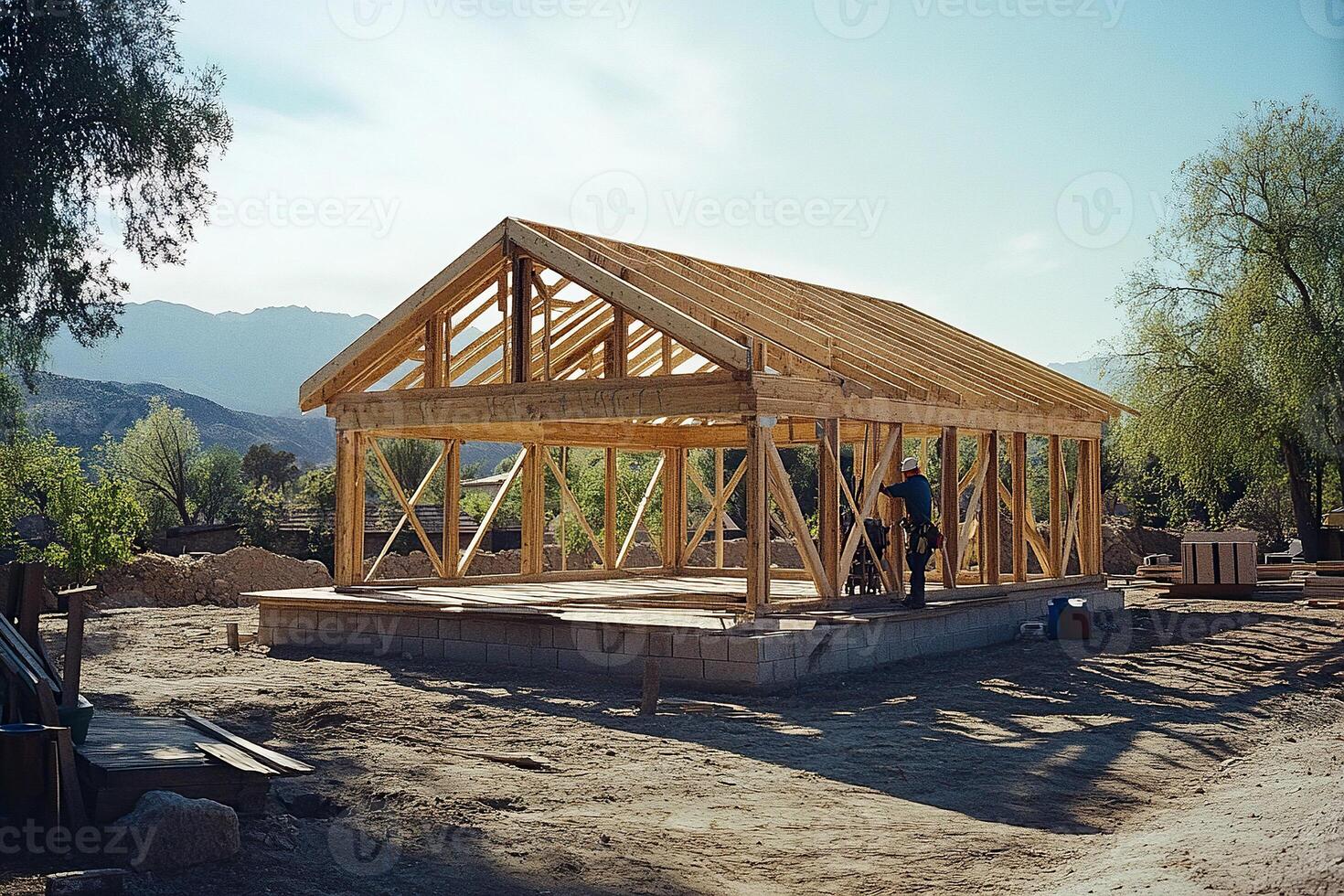 Timber frame structure on a construction site in the mountains against a cloudy sky. New home on an empty lot. The frame is ready for the installation of walls and roof. Real estate. photo