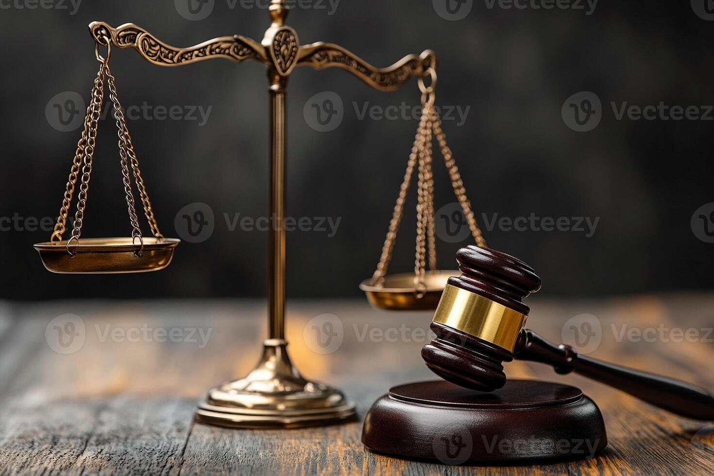 Wooden table with scales and judge gavel on dark background. Justice concept. Concepts of law. photo