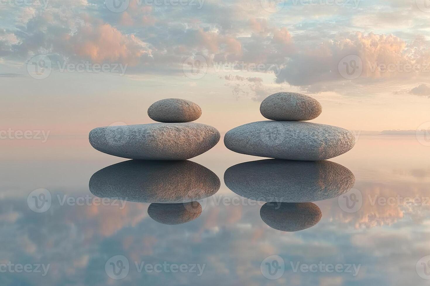 Large smooth stones stand in two stacks on a mirror-like water surface against a calm sky. The concept of balance and peace of mind. Generated by artificial intelligence photo